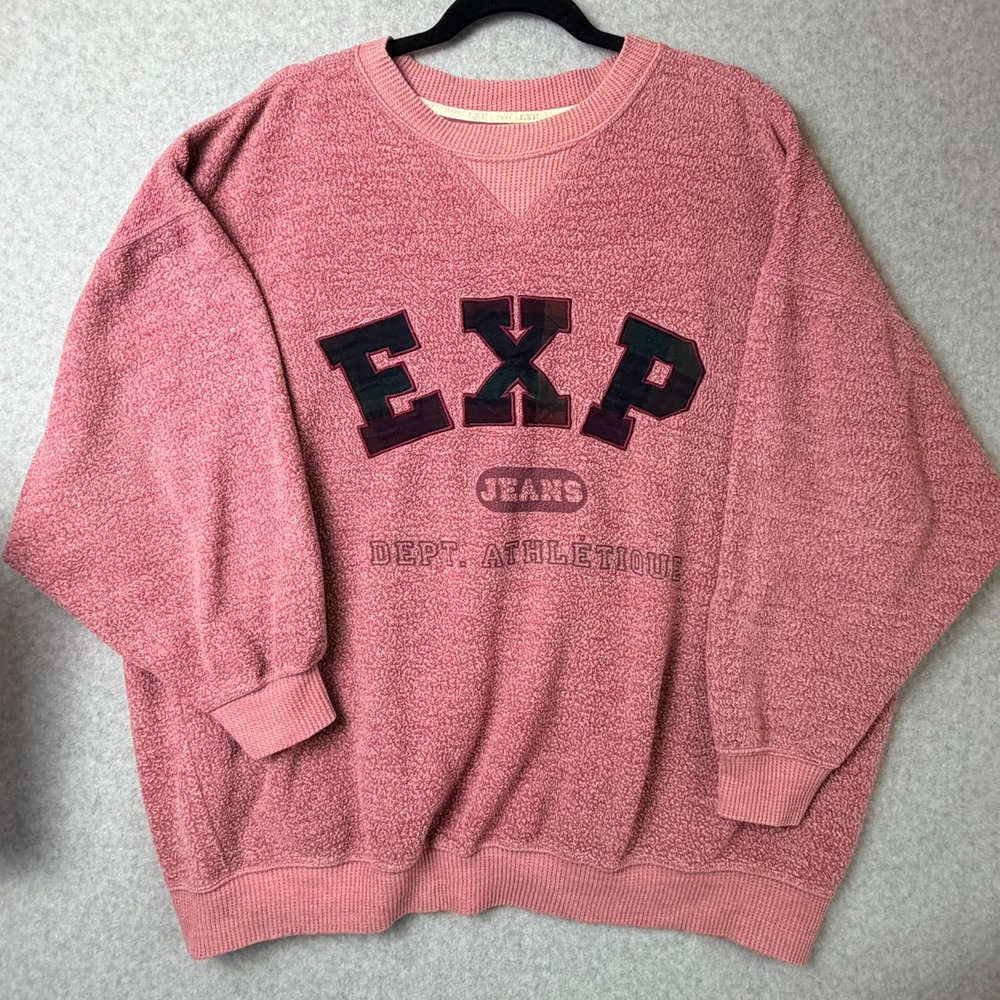 Vintage Express EXP Jeans Oversized Pink Boucle Sweatshirt Plaid Logo Medium